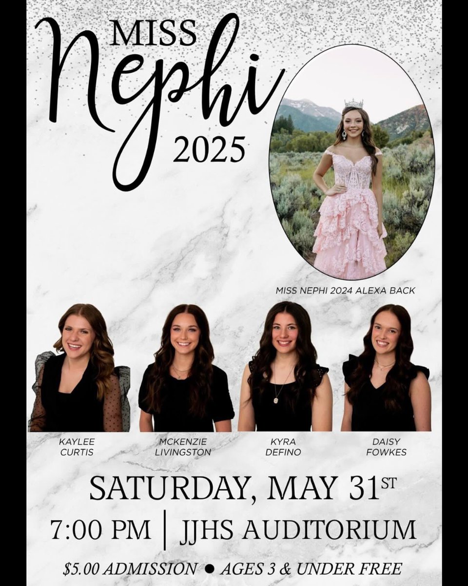 Nephi City (@nephicity) on Twitter photo Miss Nephi TONIGHT! 
You are cordially invited to support the amazing young women trying out tonight. Come and cheer!
We will see you at the JJHS Auditorium at 7:00 p.m. tonight. Miss Nephi TONIGHT! 
You are cordially invited to support the amazing young women trying out tonight. Come and cheer!
We will see you at the JJHS Auditorium at 7:00 p.m. tonight.