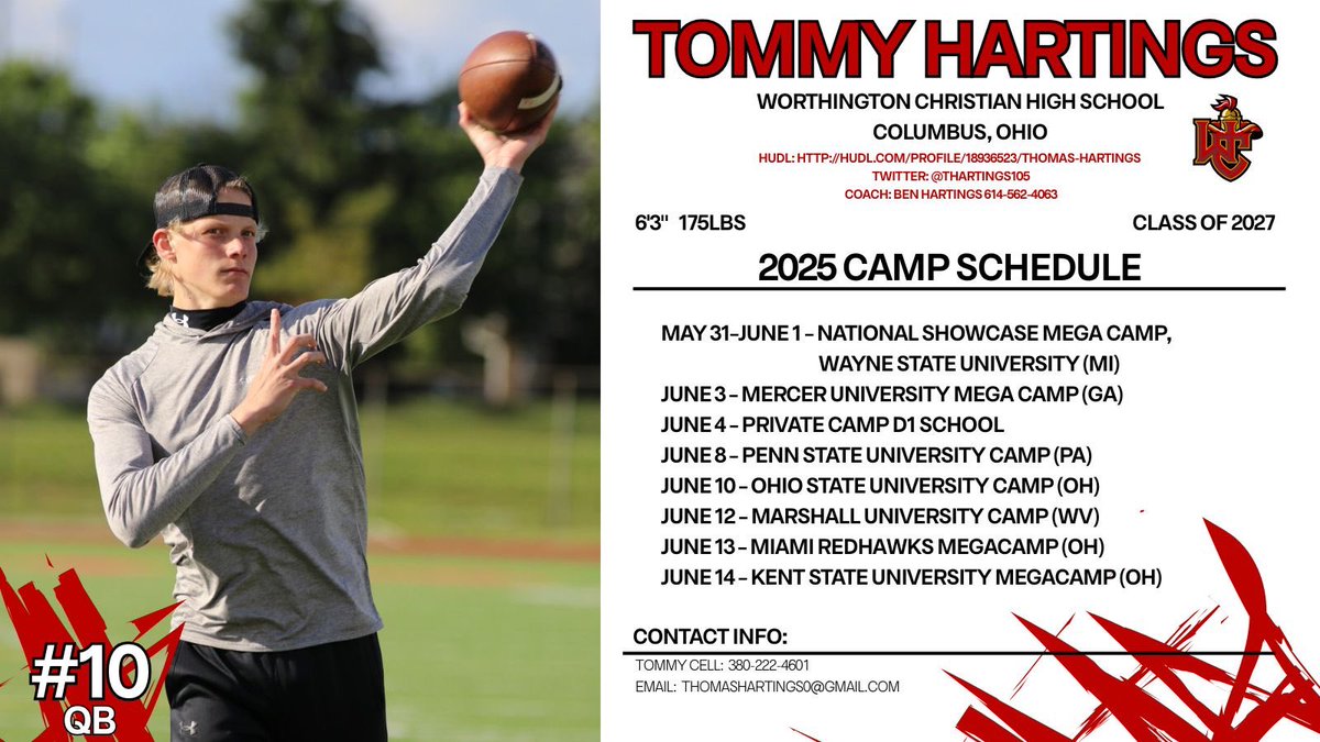 Thomas Hartings (@thartings105) on Twitter photo Excited to announce my camp schedule for this summer. Can’t wait to compete at these camps.
<a href="/MiamiOHFootball/">Miami Football</a> <a href="/KentStFootball/">Kent State Football</a> <a href="/PennStateFball/">Penn State Football</a> <a href="/OhioStateFB/">Ohio State Football</a> <a href="/MercerFootball/">Mercer Football</a> <a href="/HerdFB/">Marshall Football</a> <a href="/Coach_BMcClain/">Coach Bob McClain</a> Excited to announce my camp schedule for this summer. Can’t wait to compete at these camps.
<a href="/MiamiOHFootball/">Miami Football</a> <a href="/KentStFootball/">Kent State Football</a> <a href="/PennStateFball/">Penn State Football</a> <a href="/OhioStateFB/">Ohio State Football</a> <a href="/MercerFootball/">Mercer Football</a> <a href="/HerdFB/">Marshall Football</a> <a href="/Coach_BMcClain/">Coach Bob McClain</a>