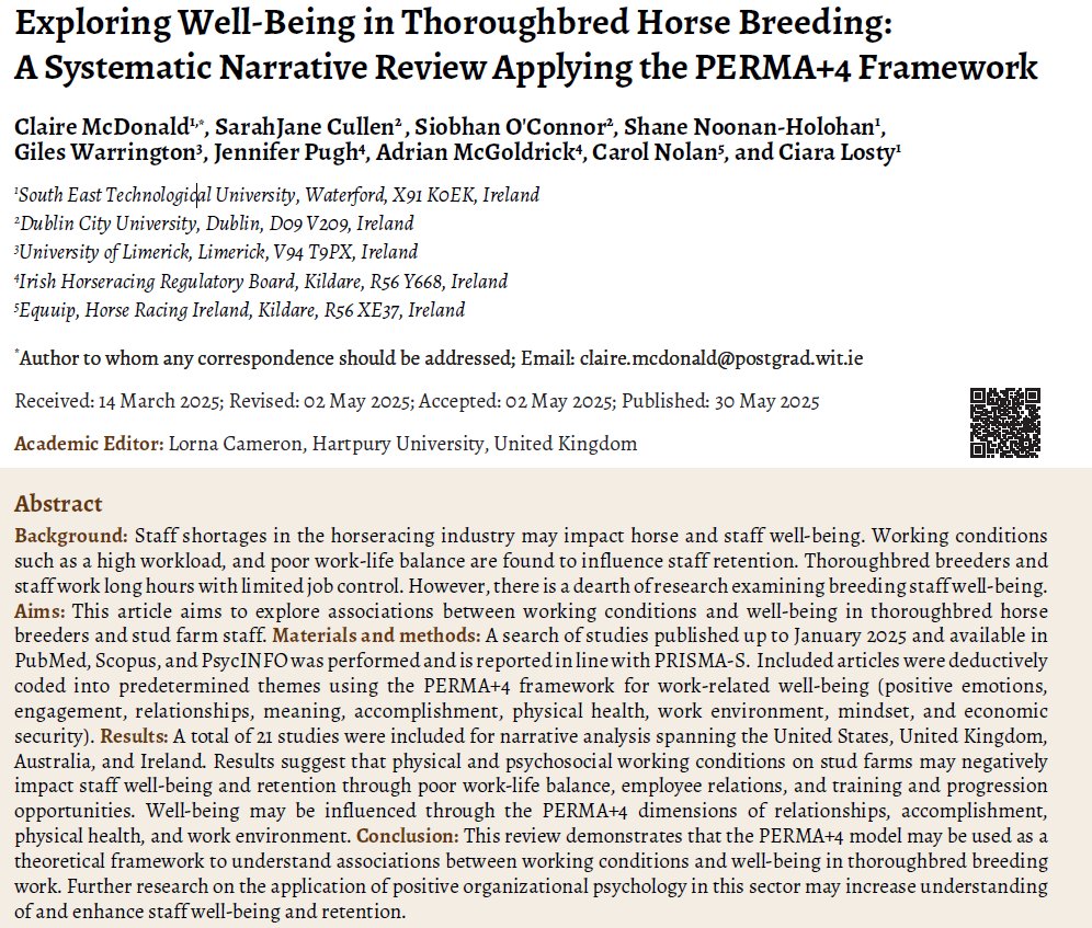 📢 New #OpenAccess paper out today.
We explore staff well-being in thoroughbred breeding using the PERMA+4 framework 🐎
👏 Huge congrats to lead author Claire McDonald for driving this study!
🔗 rasayely-journals.com/index.php/ijes… 
#EquineScience #Wellbeing #HorseBreeding