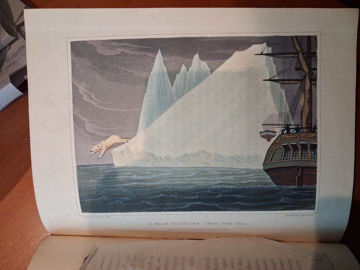 Today I found and bought a first edition (1819) of John Ross's 'Voyage of Discovery' describing the search for the North-west passage. They describe snow algae (crimson cliffs) and meteoritic iron on ice. See the polar bear illustration! Incredible book.