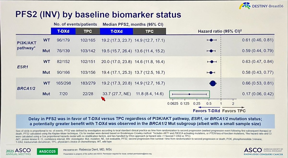 Pablo Mando (@pablomando) on Twitter photo In DB06 biomarker-evaluable population, there was a potentially greater efficacy benefit with T-DXd in the BRCA1/2 mutation subgroup (albeit with a small sample size). Biological rationale??? #ASCO2025 <a href="/RebeccaDSing/">Rebecca Dent</a> In DB06 biomarker-evaluable population, there was a potentially greater efficacy benefit with T-DXd in the BRCA1/2 mutation subgroup (albeit with a small sample size). Biological rationale??? #ASCO2025 <a href="/RebeccaDSing/">Rebecca Dent</a>