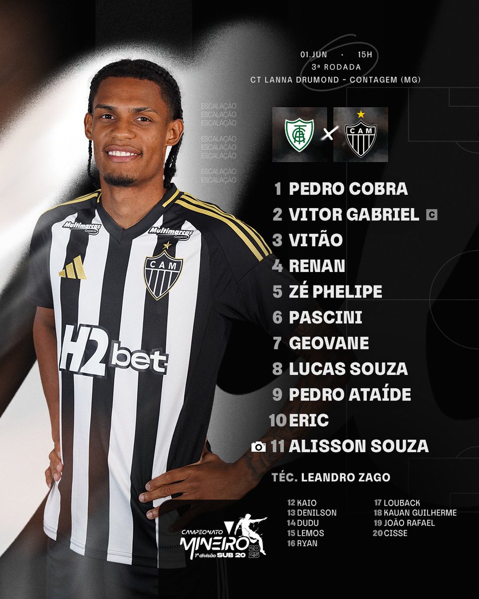 GaloNaBase's tweet photo. 💪🐔 Confira a nossa escalação para o clássico contra o América, pelo Campeonato Mineiro Sub-20!
#CriasDoGalo #CampeonatoMineiroSub20 #Sub20 #AMExCAM 🏴🏳️ https://t.co/ruuDNUZ8Ro