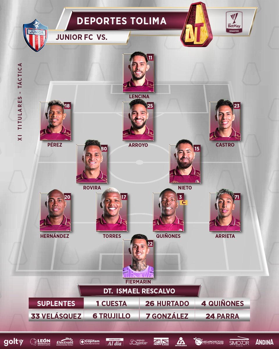 #TitularDT 👥 Nuestra nómina titular para enfrentar a las 5:30 pm en el Metropolitano a Junior FC. 

¡Vamos Tolima!
