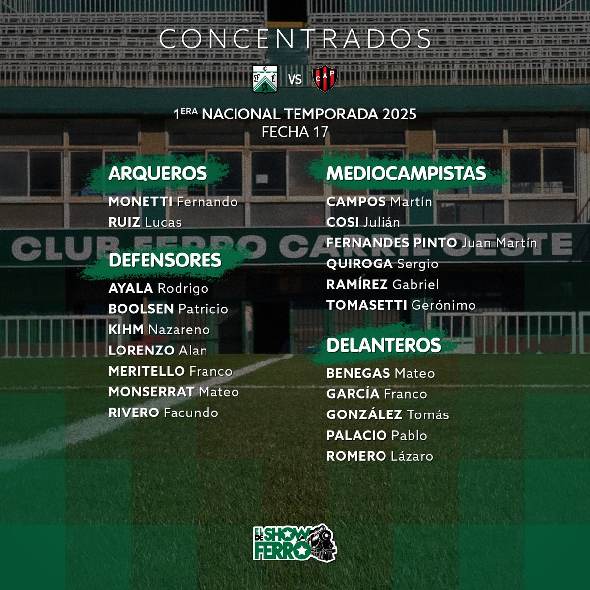 ATENCIÓN
Los 20 jugadores elegidos por Alfredo Grelak para #Ferro vs #Patronato.

👉Es baja Santiago Garcia por lesión.

Mañana #JuegaFerro a las 16hs en Paraná por la #Fecha17 de la #ZonaA de la #PrimeraNacional.