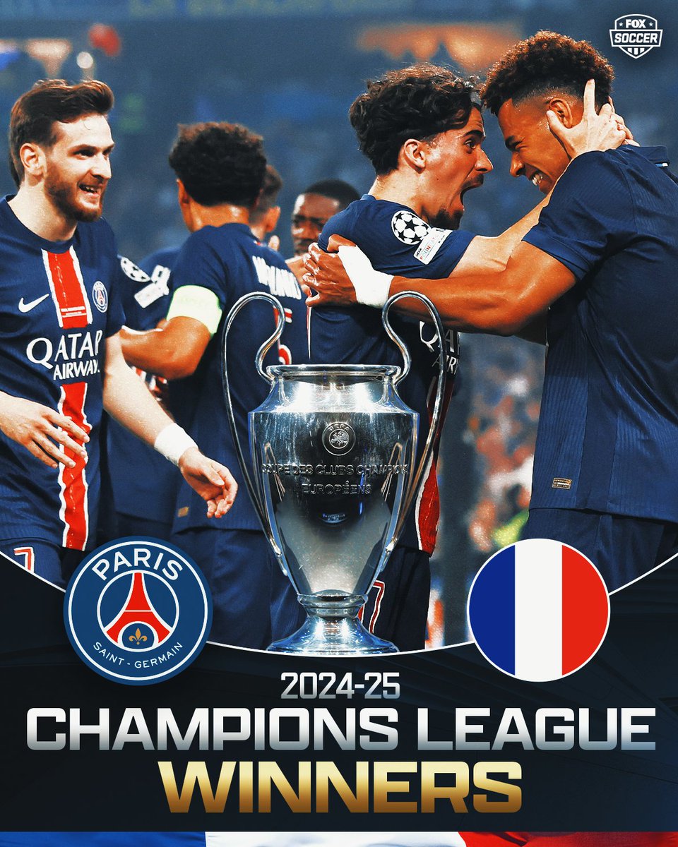 FOXSoccer's tweet photo. PSG ARE THE CHAMPIONS! 👏🇫🇷

They defeat Inter FIVE to zero in the final to claim their first-ever UCL title 🏆

Largest margin of victory EVER in a Champions League Final 🤯 https://t.co/Xxy5NRtu0Z