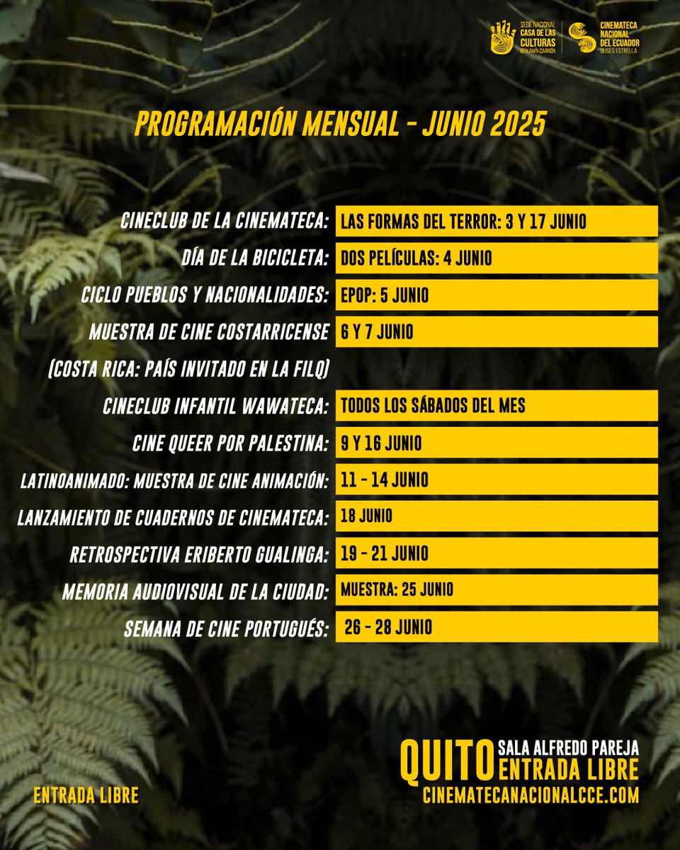 Cinemateca Nacional del Ecuador (@cinemateca_ec) on Twitter photo ¡Este mes en la Cinemateca Nacional del Ecuador Ulises Estrella tenemos una programación llena de cine para todxs!
🎬 Consulta nuestra programación completa en el link de nuestra bio.
¡Te esperamos!
🟨 <a href="/CasadelaCultura/">Casa de la Cultura Ecuatoriana</a> ¡Este mes en la Cinemateca Nacional del Ecuador Ulises Estrella tenemos una programación llena de cine para todxs!
🎬 Consulta nuestra programación completa en el link de nuestra bio.
¡Te esperamos!
🟨 <a href="/CasadelaCultura/">Casa de la Cultura Ecuatoriana</a>