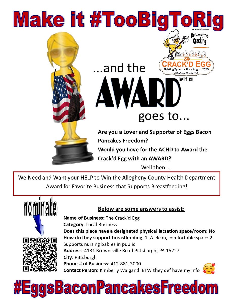 📣 Last Chance to Vote 🗳️ in the Allegheny County Health Department “Favorite Business Supporting Breastfeeding” award! 🍼 

Ahhhh…to be recognized by the same health department that placed a closure order on our door? (Plandemic 2020😷) will be GLORIOUS 🤩
Well… let’s just say
