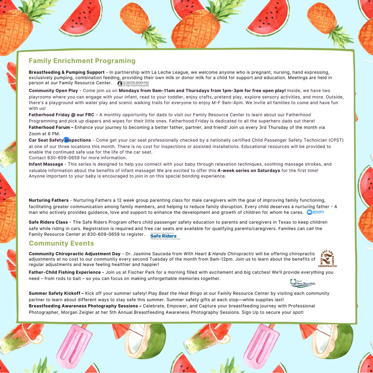 Our SJRC Texas Family Resource Center has a calendar full of Summer fun to keep you busy!🍉🌈 Come for Open Play on Mondays and Thursdays or nfant Massage. on Saturdays. Whatever you choose, we guarantee fun for the whole family.🤸

#SJRCTexas #SummerFun #BondingTime #NBTX