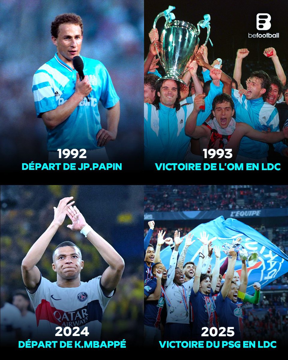 BeFootball (@_befootball) on Twitter photo ๐๐ ๐๐ข๐ข๐ง๐๐๐๐ ๐๐ฆ๐ง ๐ง๐๐ค๐จ๐๐ก. ๐คทโโ๏ธ
๐ญ๐ต๐ต๐ฎ : Jean-Pierre Papin, star de lโOM, quitte le club.
๐ญ๐ต๐ต๐ฏ : lโOM remporte sa premiรจre Ligue des Champions ร Munich ๐ฉ๐ชโฆ pour sa deuxiรจme finale.
๐ฎ๐ฌ๐ฎ๐ฐ : Kylian Mbappรฉ, star du PSG, quitte le club.
๐ฎ๐ฌ๐ฎ๐ฑ : le PSG ๐๐ ๐๐ข๐ข๐ง๐๐๐๐ ๐๐ฆ๐ง ๐ง๐๐ค๐จ๐๐ก. ๐คทโโ๏ธ
๐ญ๐ต๐ต๐ฎ : Jean-Pierre Papin, star de lโOM, quitte le club.
๐ญ๐ต๐ต๐ฏ : lโOM remporte sa premiรจre Ligue des Champions ร Munich ๐ฉ๐ชโฆ pour sa deuxiรจme finale.
๐ฎ๐ฌ๐ฎ๐ฐ : Kylian Mbappรฉ, star du PSG, quitte le club.
๐ฎ๐ฌ๐ฎ๐ฑ : le PSG