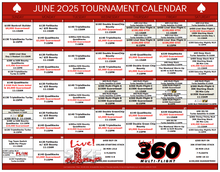 LivePokerRoom's tweet photo. ๐ June @LivePokerRoom
๐ Mystery Prize Drawings w/ @PressBoxOnline โ June 7
๐ต The #LiveSize returns โ June 5-8 | $100K GTD
๐ #360MultiFlight โ June 18-22 | $150K GTD
๐ฆ ARGEM Poker Series โ June 20-22
๐ https://t.co/K1GHWVbmmg https://t.co/B4FzdLUMEh