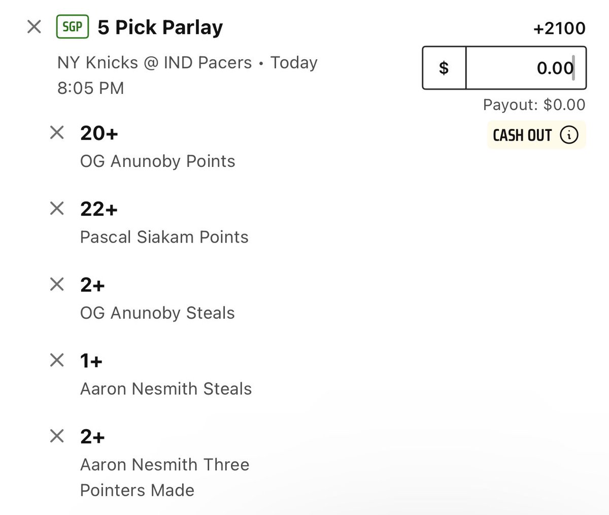 Pacers vs Knicks Game 6 SGP &amp; Takes 🏀 

Have small bets Siakam &amp; OG PTS solo @ 15.5 -110 &amp; 21.5 -115, they should both be inline for some insane minutes tonight, and both can advantage of mismatches with Siakam seeing a lot of KAT &amp; OG getting smaller defenders. Had plenty of