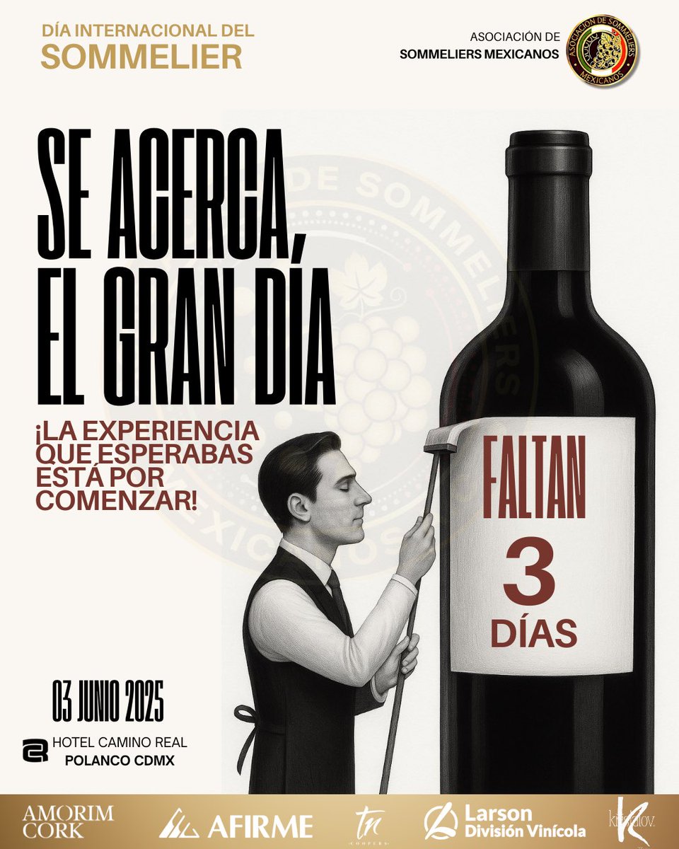🥂 ¡Faltan solo 3 días!
La cuenta regresiva está en marcha...
Prepárate para vivir una experiencia única donde el conocimiento, el sabor y la pasión por el vino se encuentran.

🎓 Masterclasses, noche de premiación, zona de degustación y mucho más te esperan este 3 de junio.