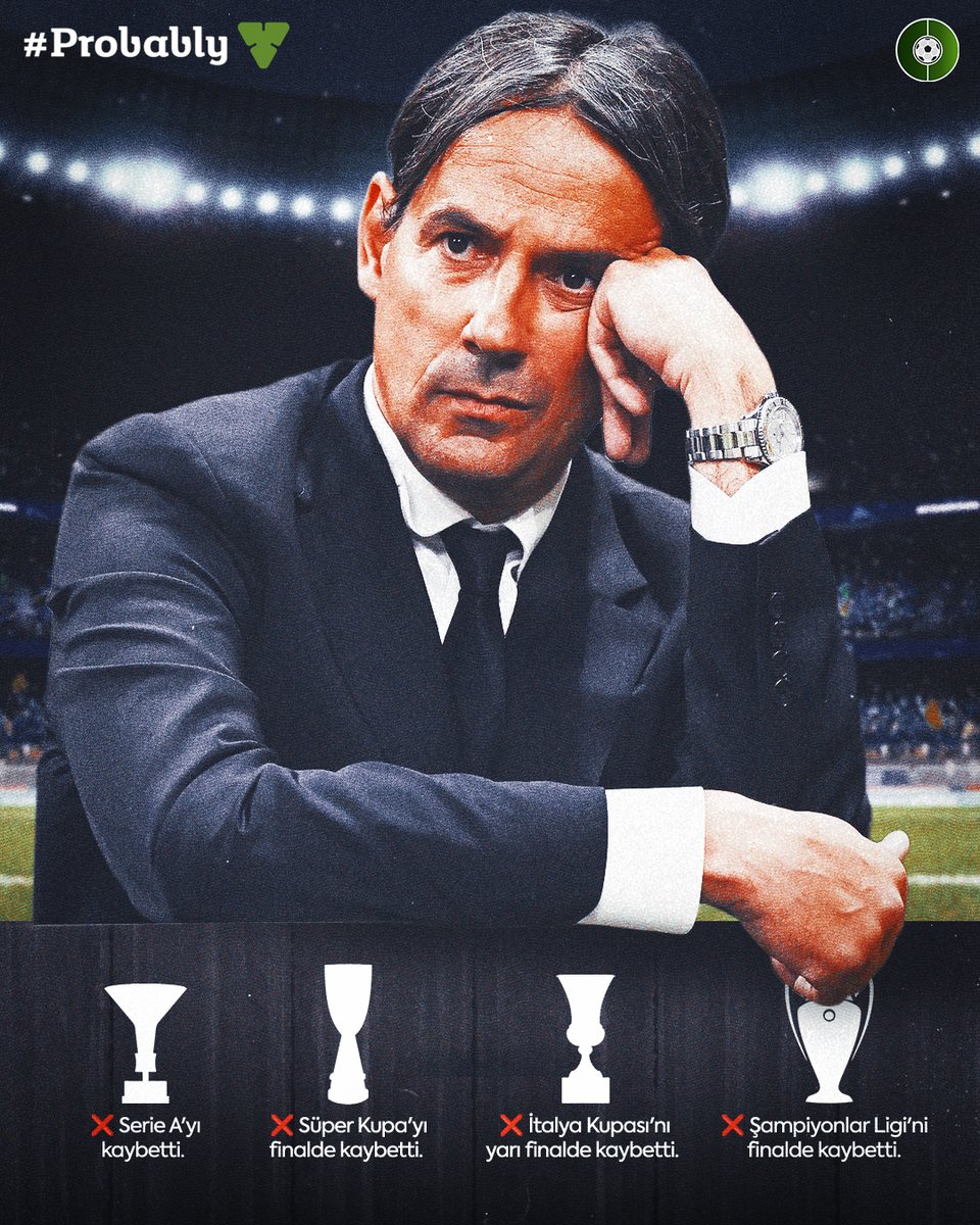SIMONE INZAGHI 

❌ Serie A'yı kaybetti. 
❌ Süper Kupa'yı finalde kaybetti. 
❌ İtalya Kupası'nı yarı finalde kaybetti. 
❌ Şampiyonlar Ligi'ni finalde kaybetti. 

#Probably #işbirliği