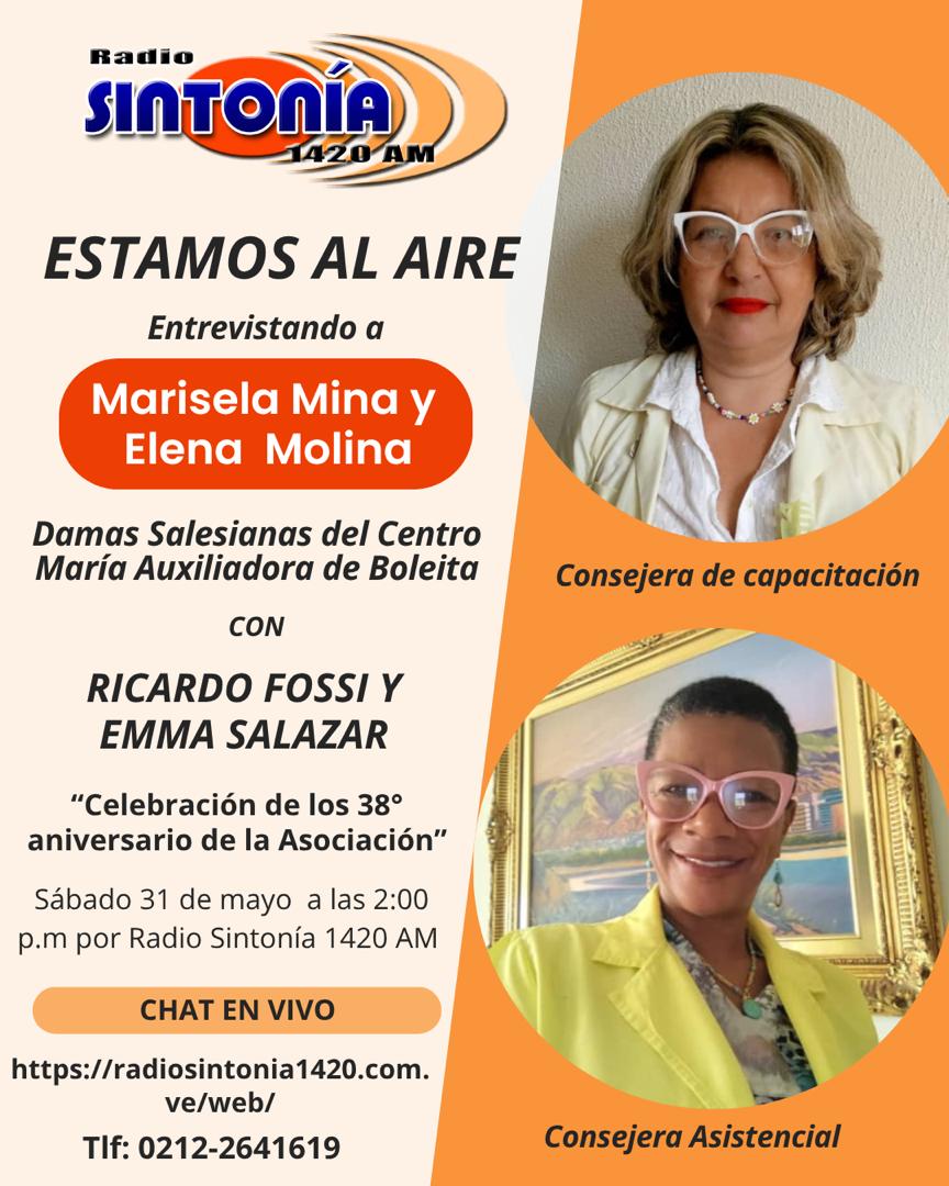 ecorina2's tweet image. Las invitadas del programa #EstamosalAire de hoy... Las Damas Salesianas del Centro María Auxiliadora de Boleíta... Celebrando su 39 Aniversario.

Asistieron Marisela y Omaira Molina... ¡Felicitaciones! @Sintonia1420am

@ADSBOLEITA ¡Mucho gusto en conocerlas! Excelente tarde.