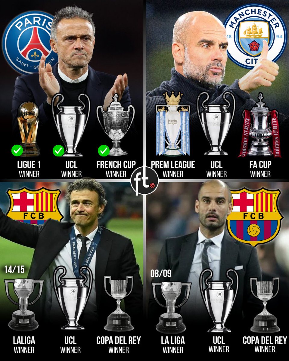 𝗧𝗥𝗘𝗕𝗟𝗘 𝗧𝗪𝗜𝗡𝗦

Luis Enrique &amp; Pep Guardiola are now the ONLY two coaches in history to win the treble with two different teams.

#UNPLAYABLE