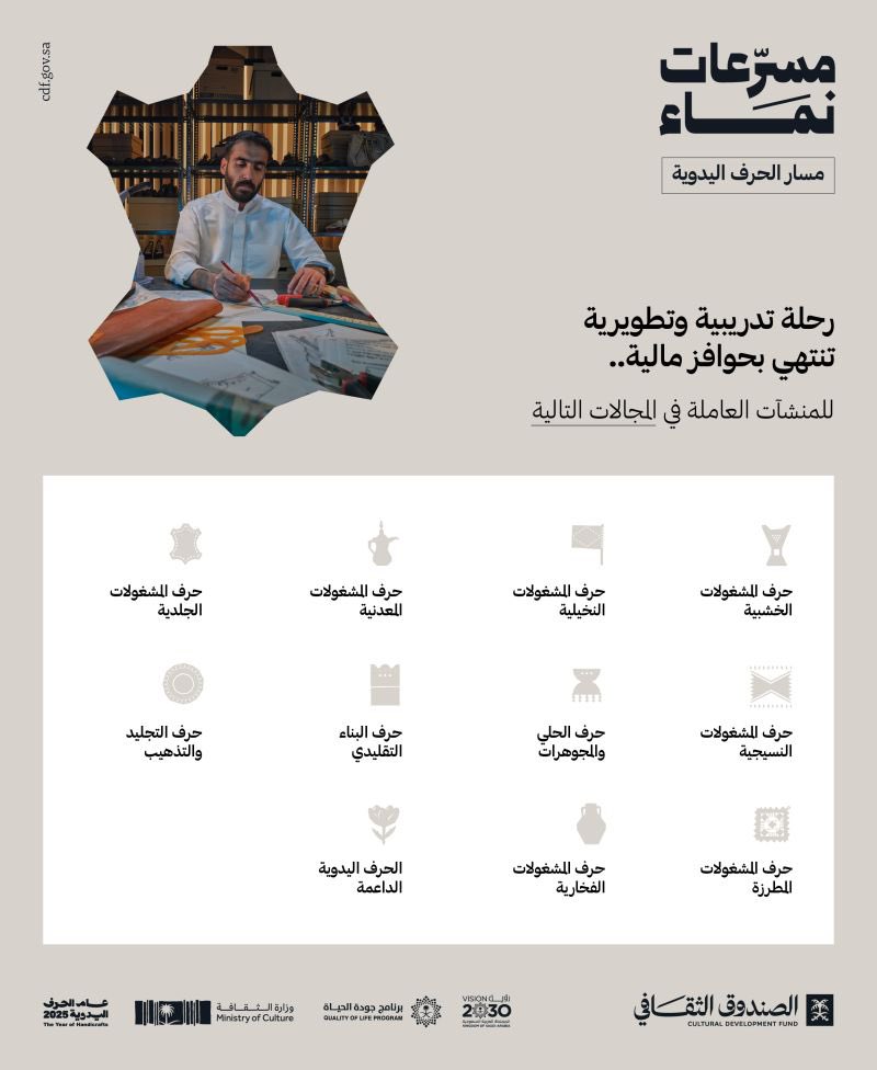 يُطلق الصندوق الثقافي <a href="/cdf_sa/">الصندوق الثقافي | CDF</a> #مسرعات_نماء الأولى من نوعها في المملكة كخطوةٍ نوعية في مسار خدماته التطويرية؛ لتمكين المنشآت الثقافية من تعزيز فرصها التنافسية في السوق، وتحفيز الابتكار في منتجاتها وخدماتها، عبر مساراتٍ مختلفة مخصصة لتمكين عددٍ من القطاعات الثقافية الـ16، تُقدّم