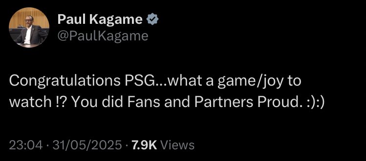 UwihirwePatric1's tweet photo. Perezida wa Repubulika y’u #Rwanda, #KagamePaul, yashimiye #PSG yegukanye Igikombe cyayo cya mbere mu Mateka ya #UEFAChampionsLeague.
Ibaye kandi Ikipe ya 2 yo mu Bufaransa yegukanye iki gikombe cy’Amatwi manini, nyuma ya #Marseille yabikoze mu 1993.
@theupdaterwanda
#RwOT https://t.co/wvOtu7JDW6