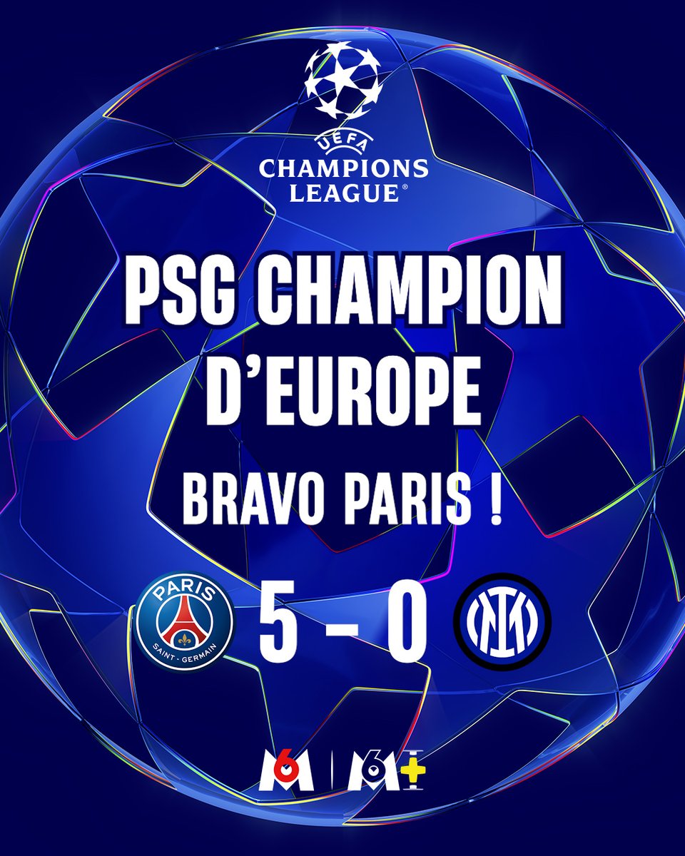 🔴🔵  LE PARIS SAINT-GERMAIN REMPORTE LA LIGUE DES CHAMPIONS 2025 #UCLfinal

Les Parisiens ont battu l’Inter Milan 5-0. #PSGINT

➡ La soirée continue sur M6 et M6+ : m6.fr/M6/direct