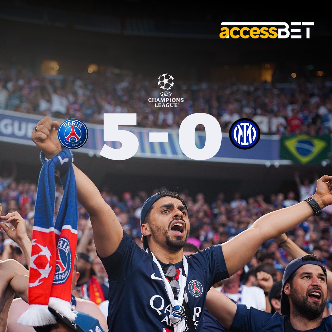 AccessBET's tweet photo. FULL TIME: PSG 5-0 INTER 🔥🏆
Total domination on the biggest stage!
Paris Saint-Germain are the Champions of Europe in unforgettable fashion.
A performance for the ages. A night to remember.
Ici C’est Paris! 🇫🇷💙❤️
#PSG #UCLFinal #Champions #5StarPerformance https://t.co/taspARfWiZ