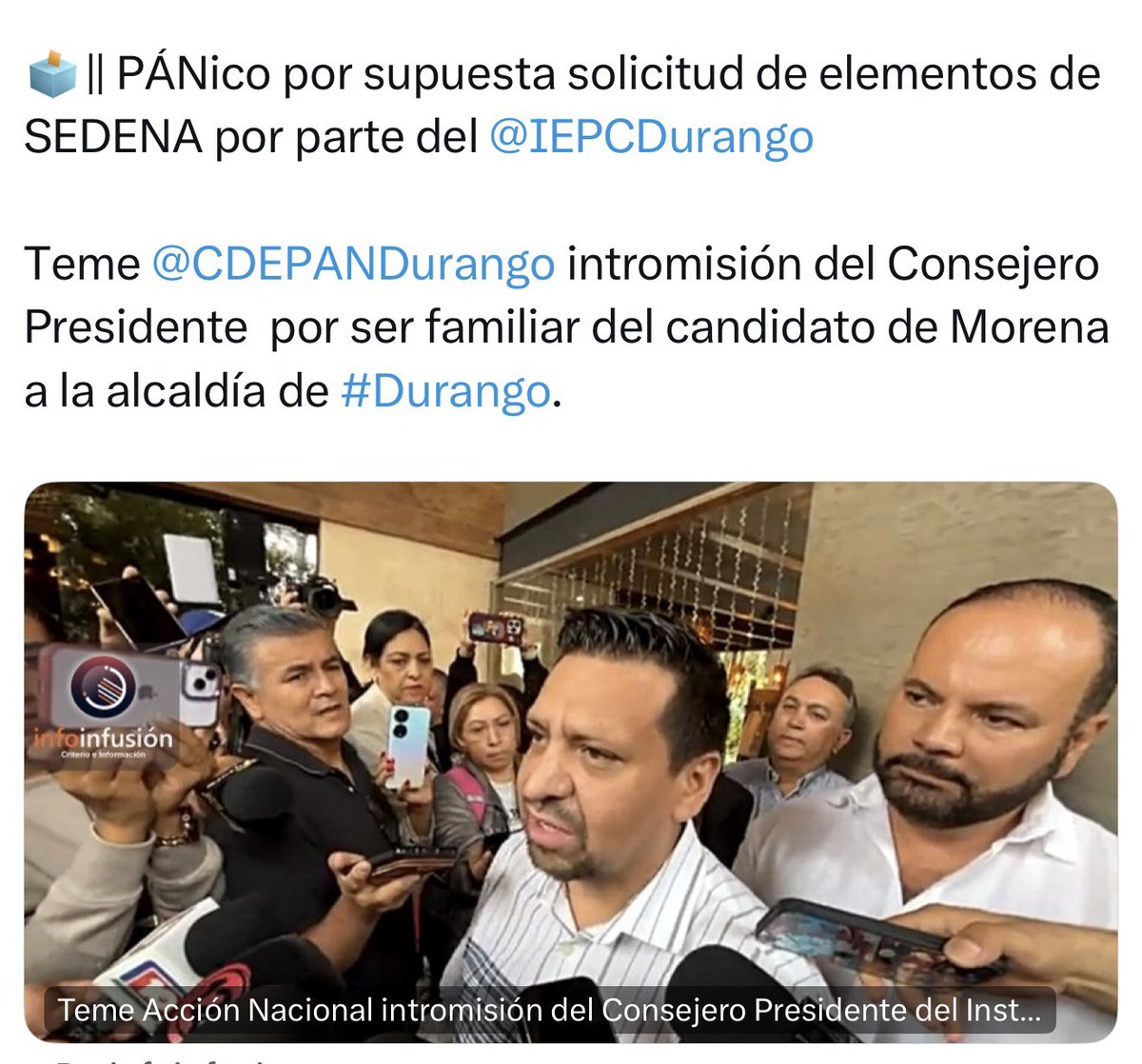 jccorral_solis's tweet photo. El #PAN casi anuncia su derrota. Solo los delincuentes le temen al Ejército @Defensamx1. 

En la elección en #Durango los ciudadanos elegirán en libertad, la presencia de la @GN_MEXICO_ y @Defensamx1 brindan tranquilidad y paz.

¡Todas y todos a votar libres mañana! 🗳️ https://t.co/jam73ywOZZ