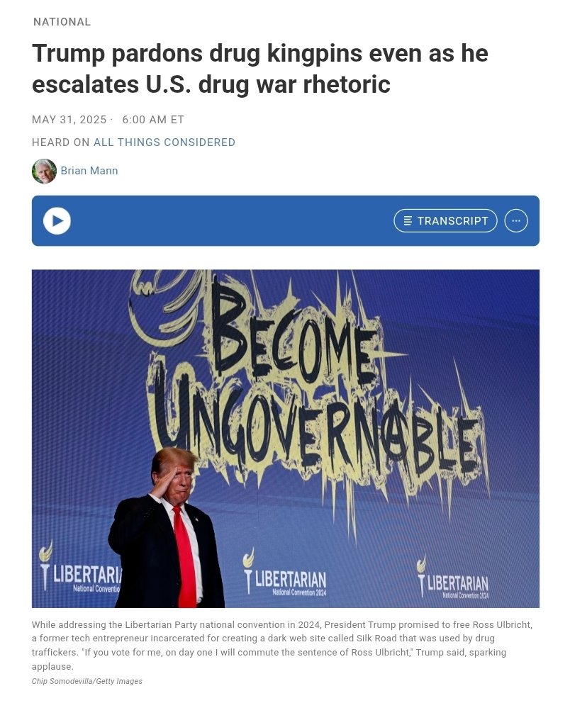 Here is NPR making the case that Angela McArdle's use of the Libertarian Party as transactional leverage with Trump played a crucial role in freeing Ross Ulbricht:

According to the Cato Institute's Singer, Trump's pardons often appear "transactional" and often reflect the