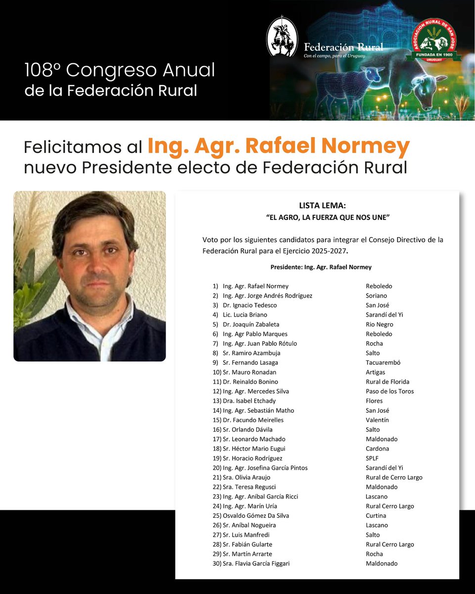 ✨Felicitamos al Ing. Agr. Rafael Normey, Presidente electo de Federación Rural. 

Compartimos lista del Consejo Directivo para el ejercicio 2025-2027.