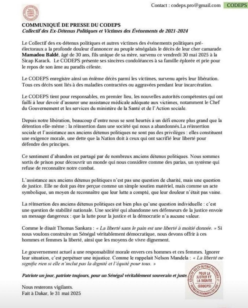 Waangrin's tweet image. Le CODEPS ( collectif des ex-détenus) dénonce l’absence de soins pour le défunt par le régime @PR_Diomaye plus préoccupé à satisfaire les intérêts de la voyoucratie et à faire renaître le «  système »