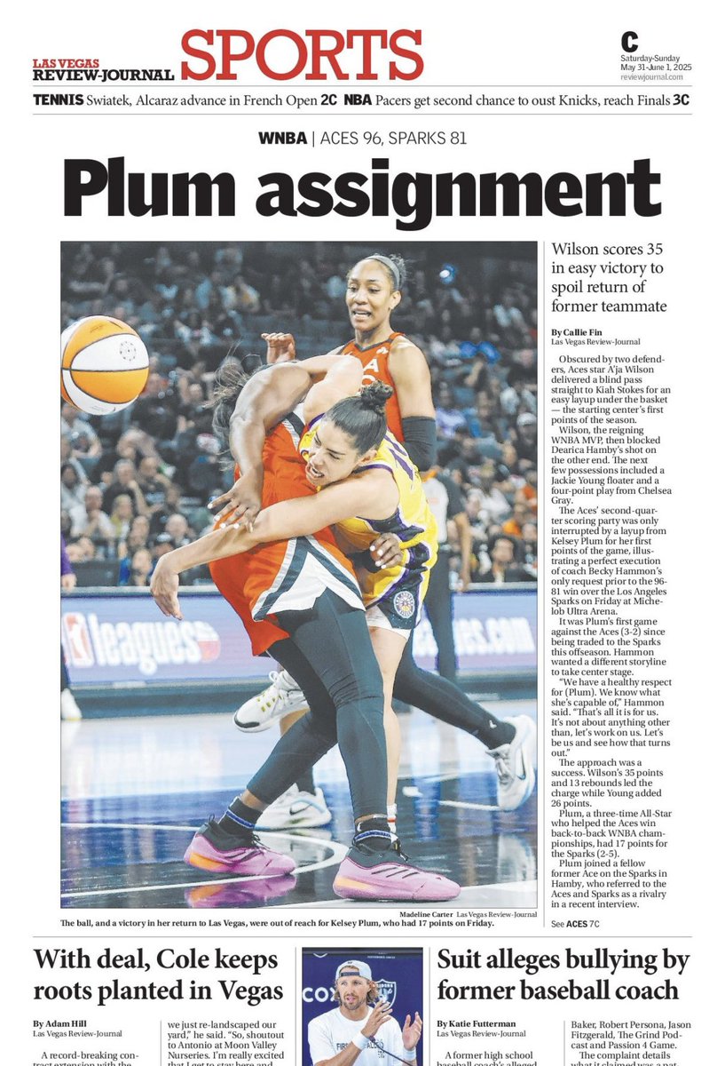 Callie Fin (@calliejlaw) on Twitter photo Here’s this morning’s <a href="/reviewjournal/">Las Vegas Review-Journal</a> cover and sports cover after a 96-81 win for the Aces in Kelsey Plum’s return to Las Vegas Here’s this morning’s <a href="/reviewjournal/">Las Vegas Review-Journal</a> cover and sports cover after a 96-81 win for the Aces in Kelsey Plum’s return to Las Vegas