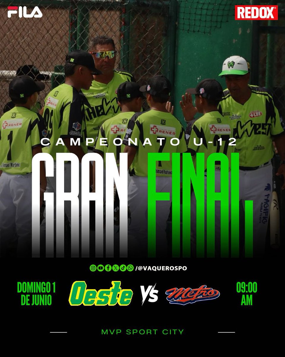 ¡GRAN FINAL U-12! 🏆 Panamá Oeste buscará defender el título mañana vs Panamá Metro desde las 9:00am.

Cabe destacar que esta será nuestra 4ta final consecutiva en categorías menores (campeones U10, U12, U14) 🤠 

¡Apoyemos a nuestros Vaqueritos! 😎

#VamosVaqueros