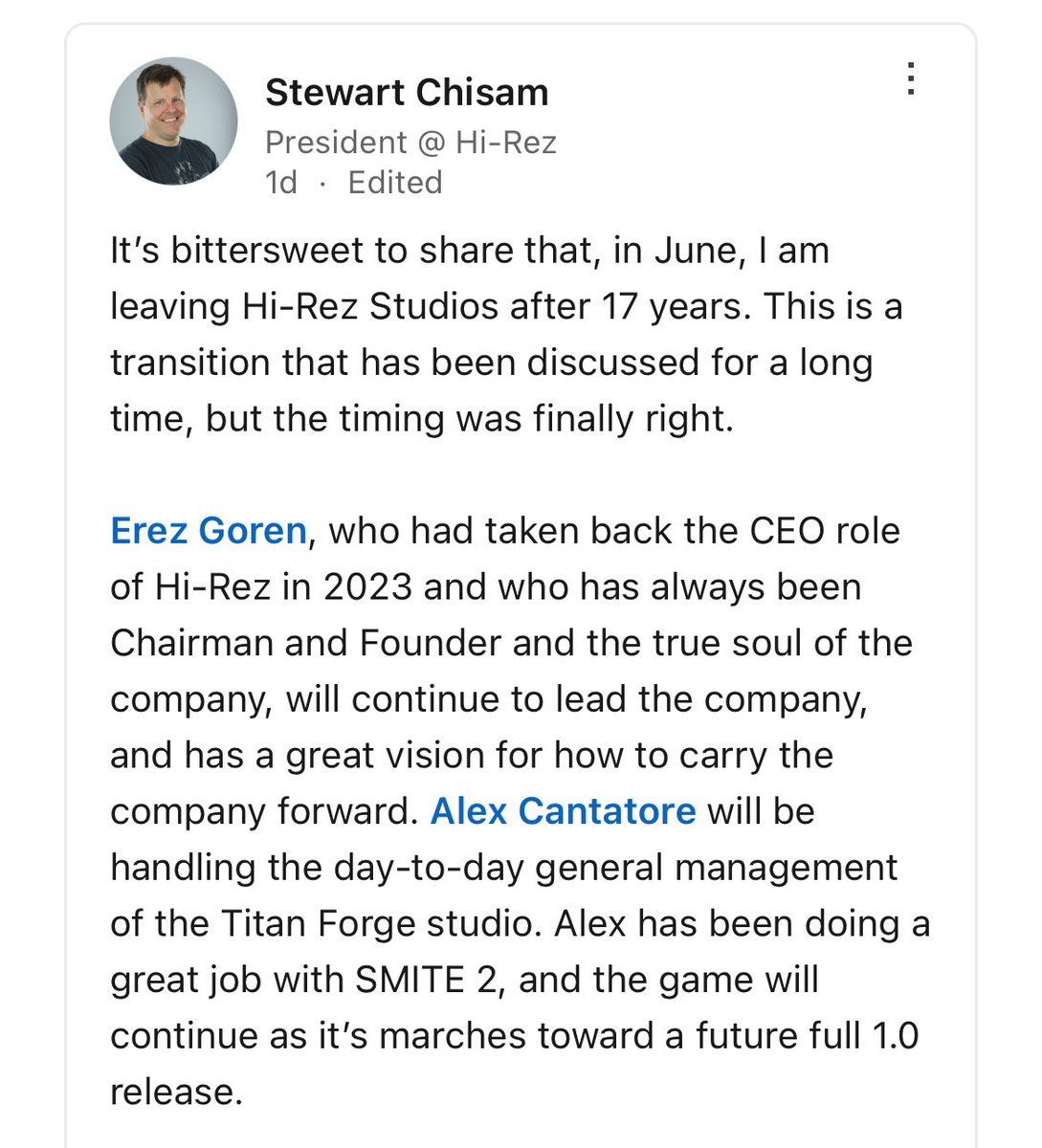 JakeSucky's tweet image. Hi-Rez president Stewart Chisam has confirmed his leaving of the studio after 17 years

He and other senior staff have been let go, but maintain their confidence in the future of Smite 2