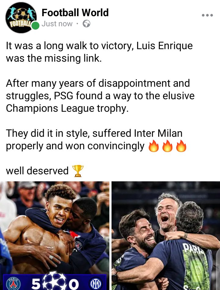 FootballWorld18's tweet photo. It was a long work to victory for PSG. But they made Inter Milan suffer for all the heartbreak they endured in pursuit of this trophy😂🤣😀.

Football World congratulates PSG 🥇🏆🔥🙌
#finals #ChampionsLeague #ChampionsLeagueFinal #PsgInter #MissWorld2025 #football #UCLFinal2025 https://t.co/o8LuIdl9XD