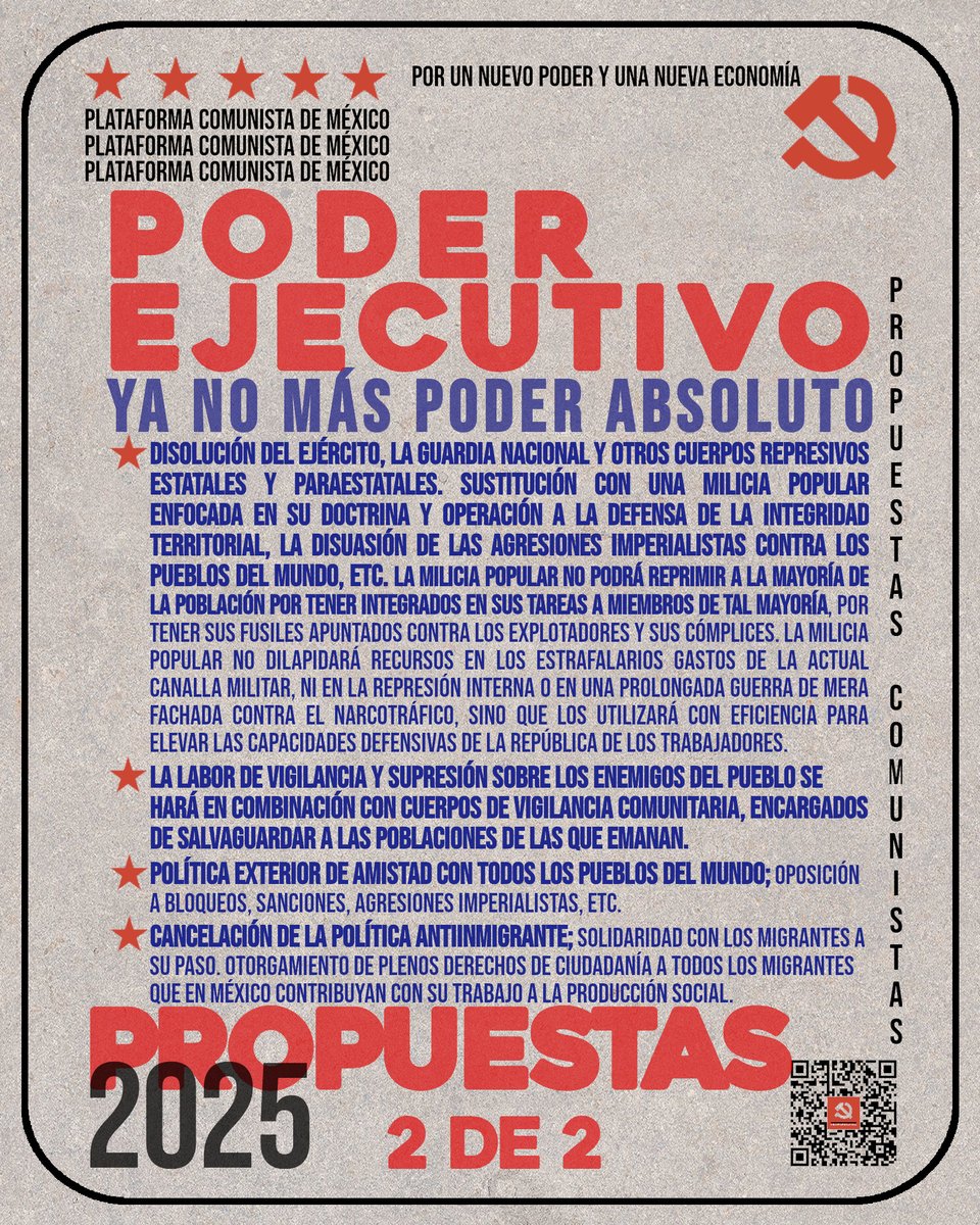 PlataformaPCM's tweet image. #PropuestasPCM ¿Qué proponemos para el Poder Ejecutivo?

Durante décadas la burguesía en México  ha engendrado y mantenido una versión deforme de la República, donde la  figura presidencial es prácticamente la de un monarca sexenal –y en  ocasiones más allá de su propio período.…