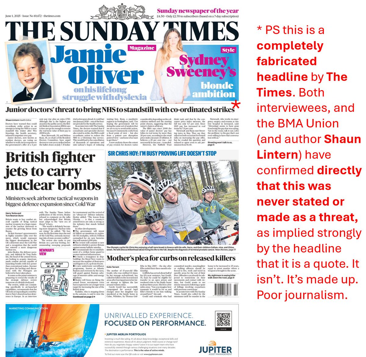 Dr Tony Goldstone (@goldstone_tony) on Twitter photo Front page of the <a href="/thetimes/">The Times and The Sunday Times</a> <a href="/ShaunLintern/">Shaun Lintern</a> except the headline is COMPLETELY fabricated. As confirmed by both of the interviewees <a href="/RossNieuwoudt/">Dr Ross Nieuwoudt</a> <a href="/Melissa_S_Ryan/">Dr Melissa Ryan 🦀</a> (& admitted by <a href="/ShaunLintern/">Shaun Lintern</a>) they (nor <a href="/TheBMA/">The BMA</a>) did NOT threaten to "bring the NHS to a standstill".
RT if you agree Front page of the <a href="/thetimes/">The Times and The Sunday Times</a> <a href="/ShaunLintern/">Shaun Lintern</a> except the headline is COMPLETELY fabricated. As confirmed by both of the interviewees <a href="/RossNieuwoudt/">Dr Ross Nieuwoudt</a> <a href="/Melissa_S_Ryan/">Dr Melissa Ryan 🦀</a> (& admitted by <a href="/ShaunLintern/">Shaun Lintern</a>) they (nor <a href="/TheBMA/">The BMA</a>) did NOT threaten to "bring the NHS to a standstill".
RT if you agree