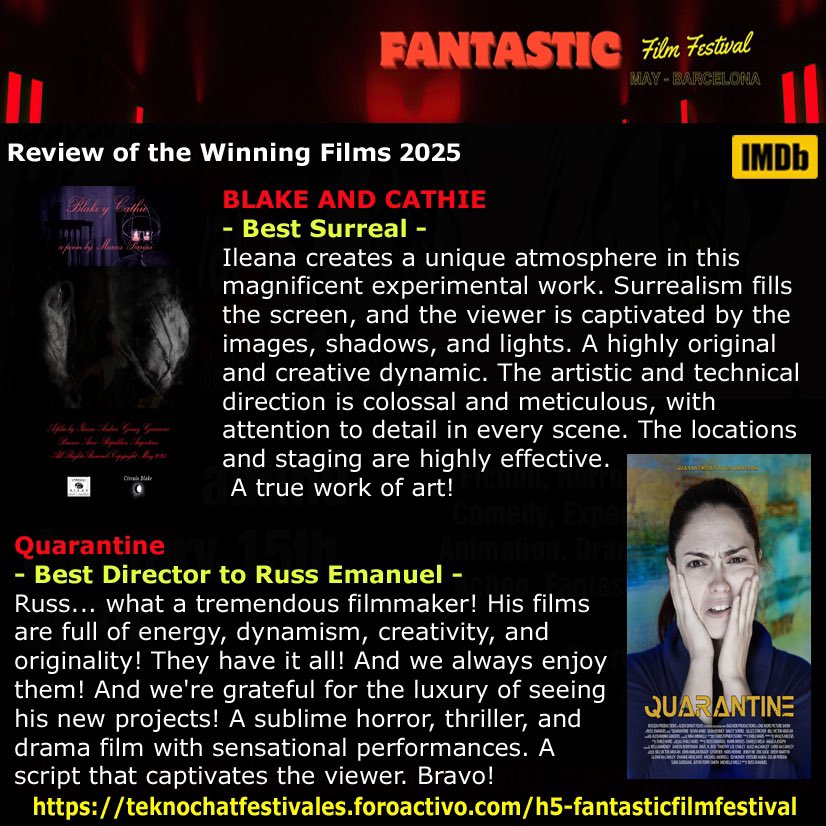Russ Emanuel (@russellemanuel) on Twitter photo QUARANTINE MAJOR NEW WIN!!! @ Fantastic Film Festival, taking place May 31, 2025, in Barcelona, Spain! Thank you to the Festival and Go Team Quarantine/Staycation!
WINNER
“Best Director” – Russ Emanuel
Win Page: forumfilm.foroactivo.com/h87-fantastic-…
Review Page: forumfilm.foroactivo.com/h88-fantastic-… QUARANTINE MAJOR NEW WIN!!! @ Fantastic Film Festival, taking place May 31, 2025, in Barcelona, Spain! Thank you to the Festival and Go Team Quarantine/Staycation!
WINNER
“Best Director” – Russ Emanuel
Win Page: forumfilm.foroactivo.com/h87-fantastic-…
Review Page: forumfilm.foroactivo.com/h88-fantastic-…