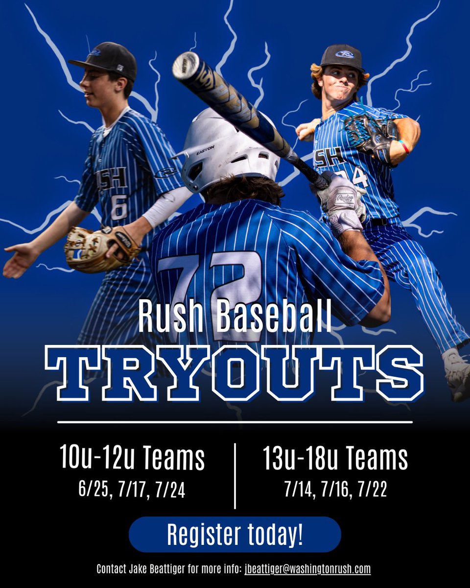 Rush Baseball (@rushbaseball1) on Twitter photo Washington Rush Baseball is holding tryouts for 10u–18u teams! 💪🔥
📅 10u–12u Teams:
6/25, 7/17, 7/24
📅 13u–18u Teams:
7/14, 7/16, 7/22
📧 Questions? Contact Jake Beattiger at jbeattiger@washingtonrush.com Washington Rush Baseball is holding tryouts for 10u–18u teams! 💪🔥
📅 10u–12u Teams:
6/25, 7/17, 7/24
📅 13u–18u Teams:
7/14, 7/16, 7/22
📧 Questions? Contact Jake Beattiger at jbeattiger@washingtonrush.com