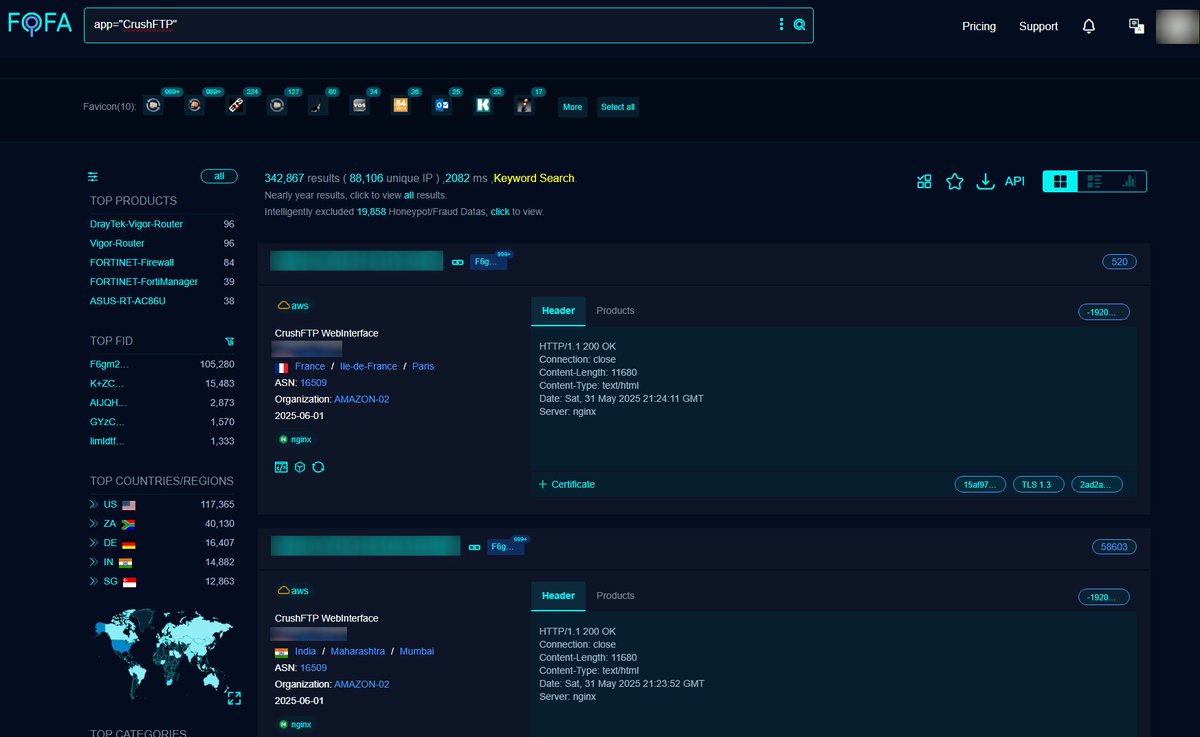 🚨CVE-2025-32102 &amp; CVE-2025-32103: CrushFTP Server-Side Request Forgery (SSRF) and Directory Traversal

FOFA Link: en.fofa.info/result?qbase64…

FOFA Query: app="CrushFTP"

Results: 342,867

Disclosure: seclists.org/fulldisclosure…