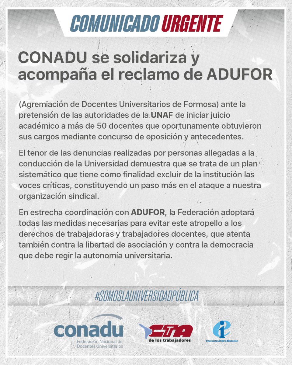 #Comunicado #EstadoDeAlerta 
🔴ADUFOR se declara en estado de alerta y movilización ante el intento de juicio académico y eventual despido de medio centenar de PROFESORES de destacada trayectoria de la UNaF.

🔗bit.ly/4kpCoBW