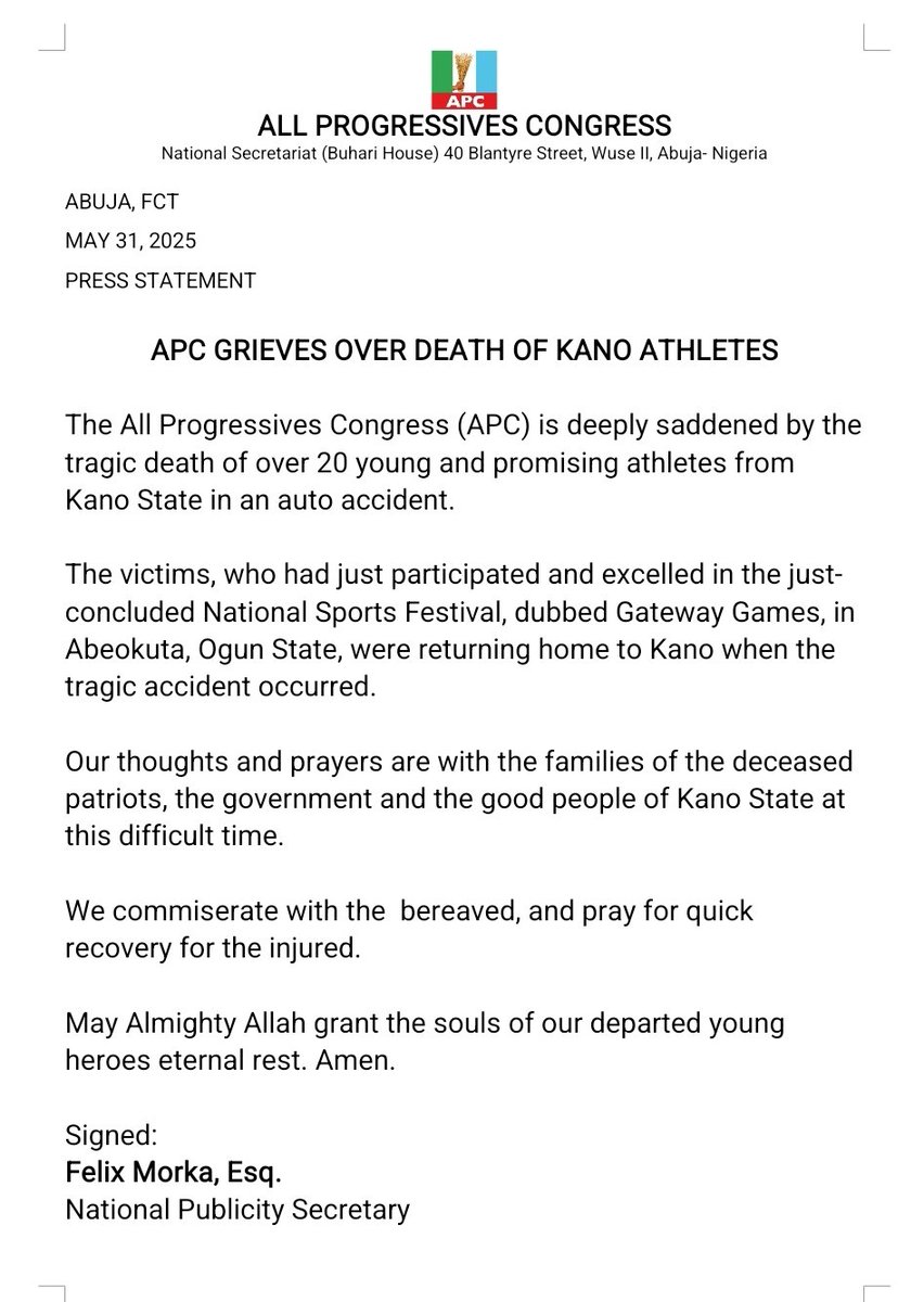 APC GRIEVES OVER DEATH OF KANO ATHLETES

Our thoughts and prayers are with the families of the deceased patriots, the government and the good people of Kano State at this difficult time. We commiserate with the  bereaved, and pray for quick recovery for the injured.