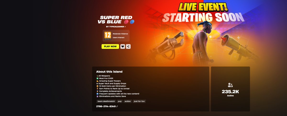 FortMapsCentral's tweet photo. ๐ Update: Super Red vs Blue just SMASHED past 235,000 active players ๐ณ๐ฅ
This is officially one of the biggest UEFN moments of all time.
Massive congrats to the JOGO team for setting the bar sky-high ๐
#Fortnite #UEFN #JOGO #FortniteConcert #XXXTENTACION https://t.co/P6c6JwUf5S