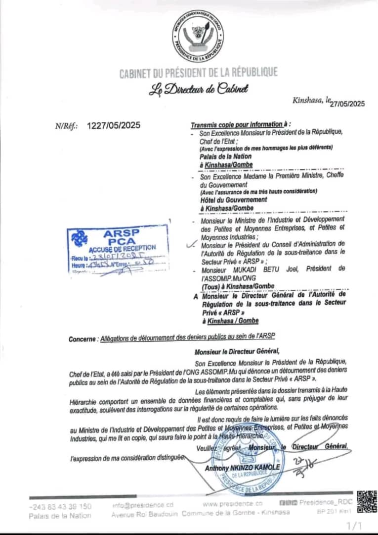 Claude Mbikayi (@mbikayicl48498) on Twitter photo RAPIDE NEWS .CD
+243 83 51 46 790
🚨🇨🇩🇨🇩
#RDC : Le cabinet du président de la République, Félix Tshisekedi, vient de saisir officiellement le DG de l’ARSP, <a href="/MiguelKashal/">Miguel Kashal Katemb</a> , suite à de graves allégations de détournement de plusieurs millions de dollars dénoncées par l’ONG ASSOMIP. RAPIDE NEWS .CD
+243 83 51 46 790
🚨🇨🇩🇨🇩
#RDC : Le cabinet du président de la République, Félix Tshisekedi, vient de saisir officiellement le DG de l’ARSP, <a href="/MiguelKashal/">Miguel Kashal Katemb</a> , suite à de graves allégations de détournement de plusieurs millions de dollars dénoncées par l’ONG ASSOMIP.