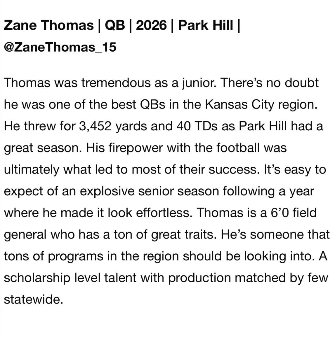 Zane Thomas (@zanethomas_15) on Twitter photo Thank you <a href="/6starfootballMO/">Six Star Football | MISSOURI</a> for the recognition and write up!
<a href="/CoachAndySims/">Coach Sims</a> <a href="/PHTrojansFB/">Park Hill Trojans Football</a> <a href="/JPRockMO/">JP Rock</a> <a href="/WOWKCfootball/">WOWKC</a> Thank you <a href="/6starfootballMO/">Six Star Football | MISSOURI</a> for the recognition and write up!
<a href="/CoachAndySims/">Coach Sims</a> <a href="/PHTrojansFB/">Park Hill Trojans Football</a> <a href="/JPRockMO/">JP Rock</a> <a href="/WOWKCfootball/">WOWKC</a>