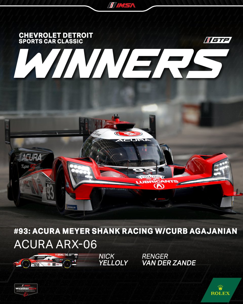 IMSA (@imsa) on Twitter photo Congratulations to the No. 93 Acura Meyer Shank Racing w/Curb Agajanian, Acura ARX-06 Team on winning the 2025 Chevrolet Detroit Sports Car Classic in the GTP Class!!! ๐
<a href="/MeyerShankRac/">Meyer Shank Racing</a> | <a href="/HondaRacing_US/">Honda Racing US</a> Congratulations to the No. 93 Acura Meyer Shank Racing w/Curb Agajanian, Acura ARX-06 Team on winning the 2025 Chevrolet Detroit Sports Car Classic in the GTP Class!!! ๐
<a href="/MeyerShankRac/">Meyer Shank Racing</a> | <a href="/HondaRacing_US/">Honda Racing US</a>