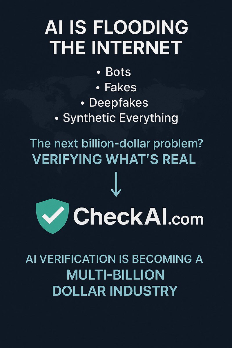 domainpad's tweet photo. AI is flooding the internet.
Bots. Fakes. Deepfakes. Synthetic everything in sight.
The next billion-dollar problem? Verifying what’s real.
While everyone’s chasing “cool” names on .xyz, io, fi, we locked in clarity:
👉 https://t.co/RKy86GwU5N
It says exactly what it does — in 7 letters.
As misinformation, scams, and fake identities grow, AI verification is becoming a multi-billion dollar industry. And it all starts with trust.
This isn’t a side project. It’s the foundation for authentication in the AI age.
#AI #Deepfake #AIverification #CheckAI #DigitalTrust #SyntheticMedia #AIauthenticity #Web3 #StartupLife #Branding