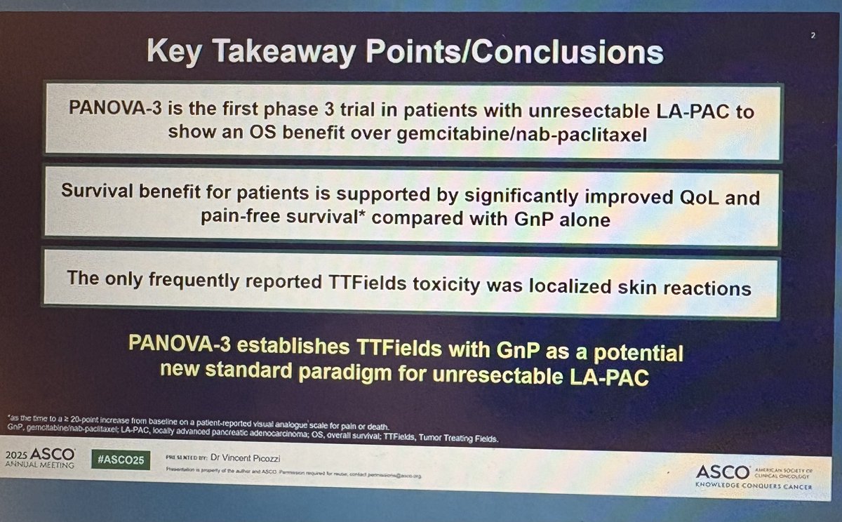Jun Gong (@jgong15) on Twitter photo Dr. Picozzi rand PhIII PANOVA-3 trial gem/abraxane (GA) + tumor treating fields (TTF) vs GA in LA-#PDAC ➡️ OS 16.2 vs 14.2 mos in favor of TTF arm (avg 28-wks on TTFs) <a href="/CSCancerCenter/">Cancer at Cedars-Sinai</a> was a participating site w/<a href="/DrArsenOsipov/">Arsen Osipov, MD</a> a co-author of this <a href="/JCO_ASCO/">Journal of Clinical Oncology</a> pub
#ASCO25
<a href="/OncoAlert/">OncoAlert</a> Dr. Picozzi rand PhIII PANOVA-3 trial gem/abraxane (GA) + tumor treating fields (TTF) vs GA in LA-#PDAC ➡️ OS 16.2 vs 14.2 mos in favor of TTF arm (avg 28-wks on TTFs) <a href="/CSCancerCenter/">Cancer at Cedars-Sinai</a> was a participating site w/<a href="/DrArsenOsipov/">Arsen Osipov, MD</a> a co-author of this <a href="/JCO_ASCO/">Journal of Clinical Oncology</a> pub
#ASCO25
<a href="/OncoAlert/">OncoAlert</a>