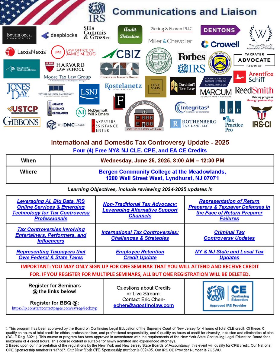 June 25, 2025 - the BBQ and the Seminar before the BBQ.   

We are also planning another IRS, NYS, NYC, and NJ problem-solving day.  linkedin.com/events/a-a-tac…