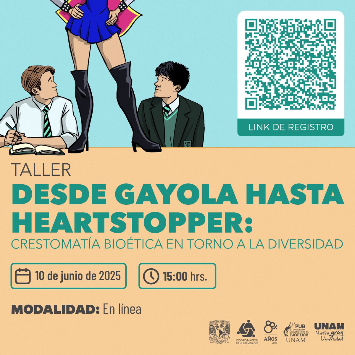 Acompáñanos a conmemorar el #MesDelOrgullo. 🏳️‍🌈
Te invitamos a nuestro taller: Desde Gayola hasta Heartstopper: crestomatía bioética en torno a la diversidad.
Registro en: url-shortener.me/1EUU
#OrgulloUNAM #Bioética #EstoEsBioética #LGBTIQ+