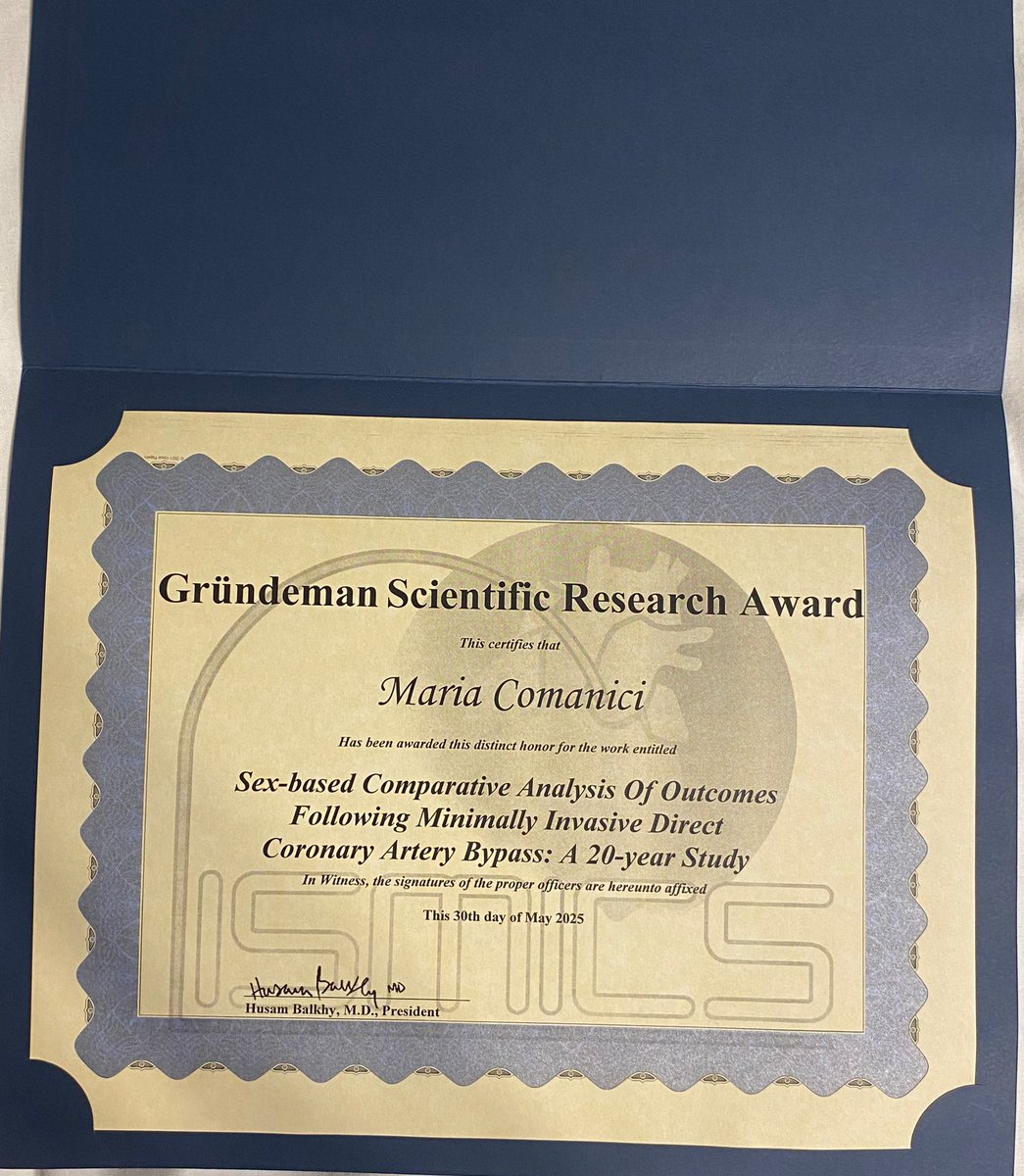Shahzad Raja (@shahzad77891064) on Twitter photo <a href="/MariaComanici/">Maria Comanici</a> representing Harefield Cardiac Surgery team wins the prestigious Grundeman Scientific Research Award at the #ISMICS2025 in Istanbul. Grateful to <a href="/drbypass/">Husam H Balkhy</a> and <a href="/ISMICS/">ISMICSofficial</a> for the acknowledgement of our work on comparative outcomes of MIDCAB in males versus females. <a href="/MariaComanici/">Maria Comanici</a> representing Harefield Cardiac Surgery team wins the prestigious Grundeman Scientific Research Award at the #ISMICS2025 in Istanbul. Grateful to <a href="/drbypass/">Husam H Balkhy</a> and <a href="/ISMICS/">ISMICSofficial</a> for the acknowledgement of our work on comparative outcomes of MIDCAB in males versus females.