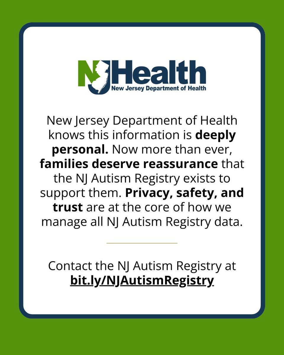 In the interest of clarity and transparency, the New Jersey Department of Health is sharing the following statement regarding the NJ Autism Registry, particularly in response to questions about privacy and federal involvement. Learn more: nj.gov/health/news/20… #HealthierNJ