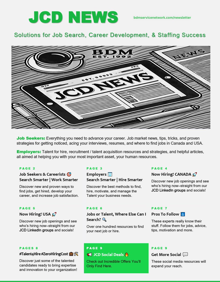 jobsfrombdm's tweet image. 🚀 JCD NEWS Issue 33 is Out! 📖 bdmservicenetwork.com/newsletter
Discover powerful Solutions for #JobSearch, #CareerDevelopment, &amp;amp; #StaffingSuccess—your resource for jobs, talent, career tips, and hiring. Perfect for #jobseekers and #employers! 

#HiringSuccess #JobsCanada #JobsUSA
