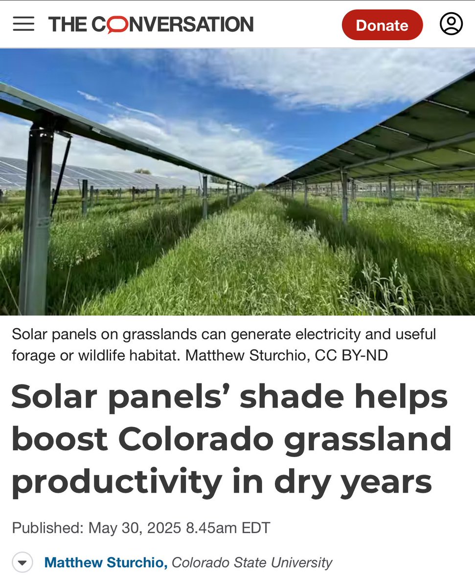 Interesting study reported here: While the grasslands under these panels grew slower in average and wet years, the grass grew much better in dry years - suggesting the panels’ shade and precipitation concentrating effects helped the grass grow…